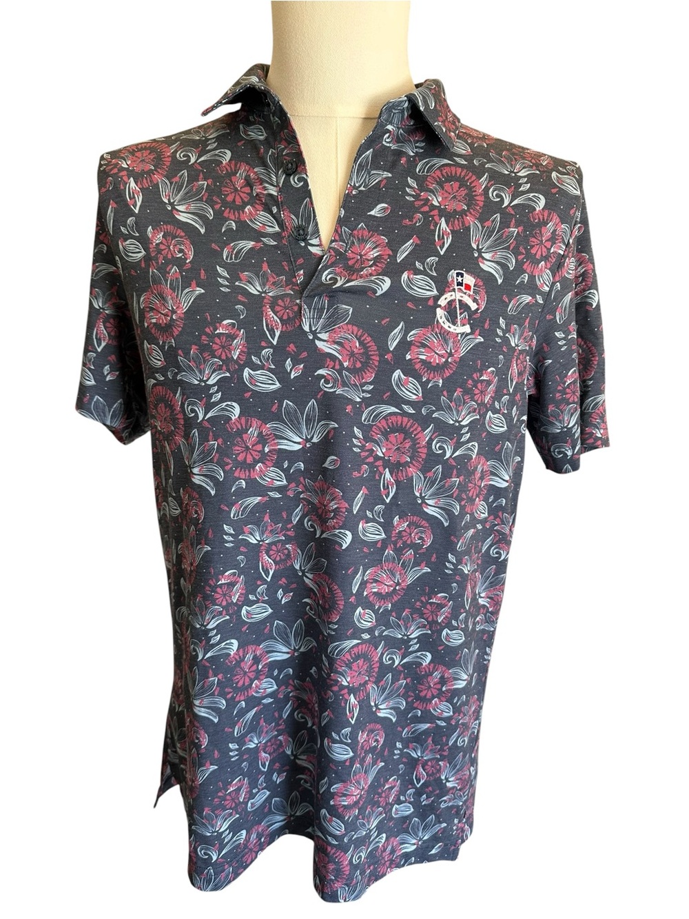 Travis Mathew’s Men's Floral Polo Shirt in Charcoal and Pink - Unknown Brand